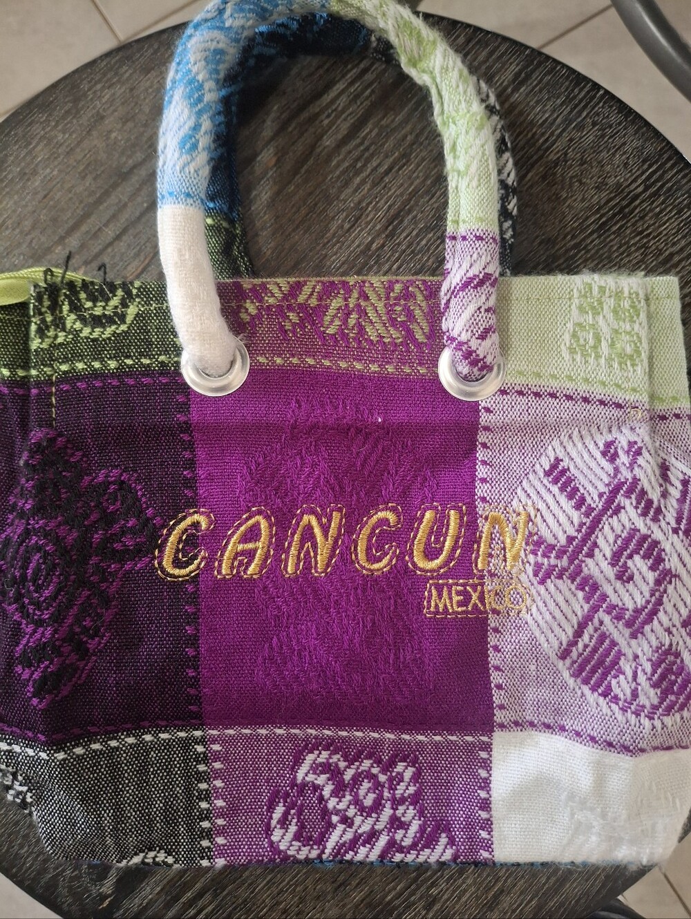 Source Unknown Purple Patchwork Tote with Yellow Embroidery
